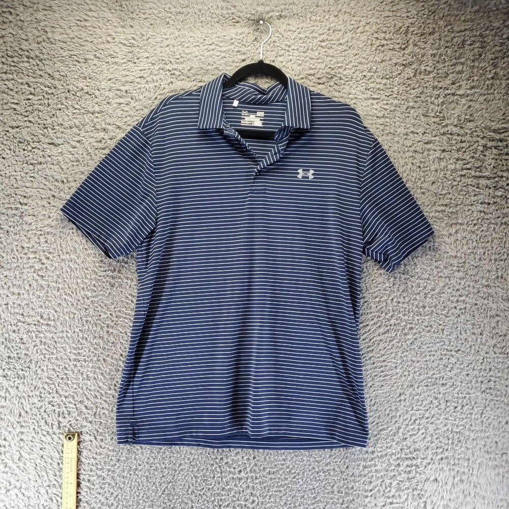 Under Armour Shirt Mens Large Blue Stripe Heatgear Loose Fit Polo Short Sleeve